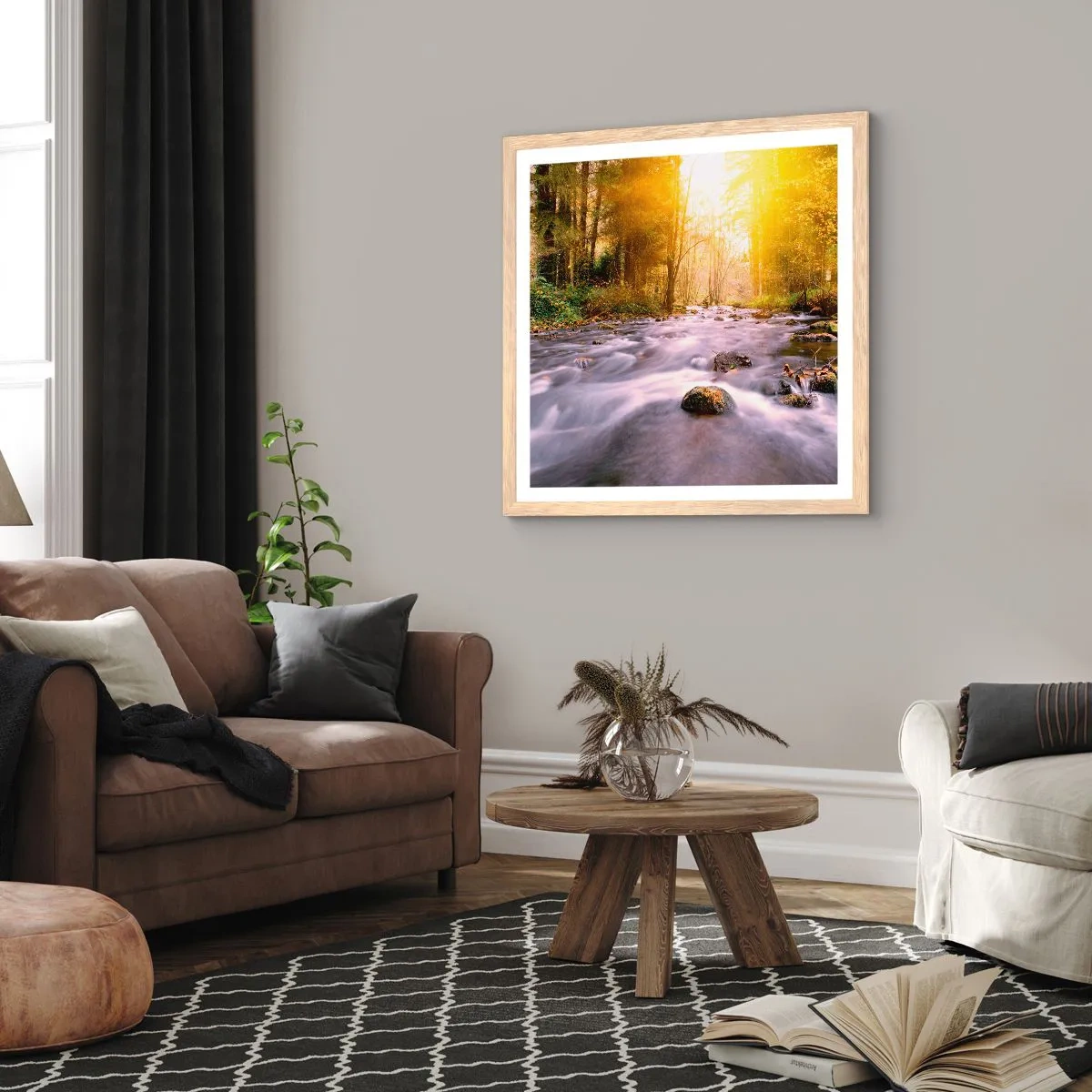 Plagát v ráme zo svetlého duba - Malachit v strieborno-zlatej podobe - 60x60 cm