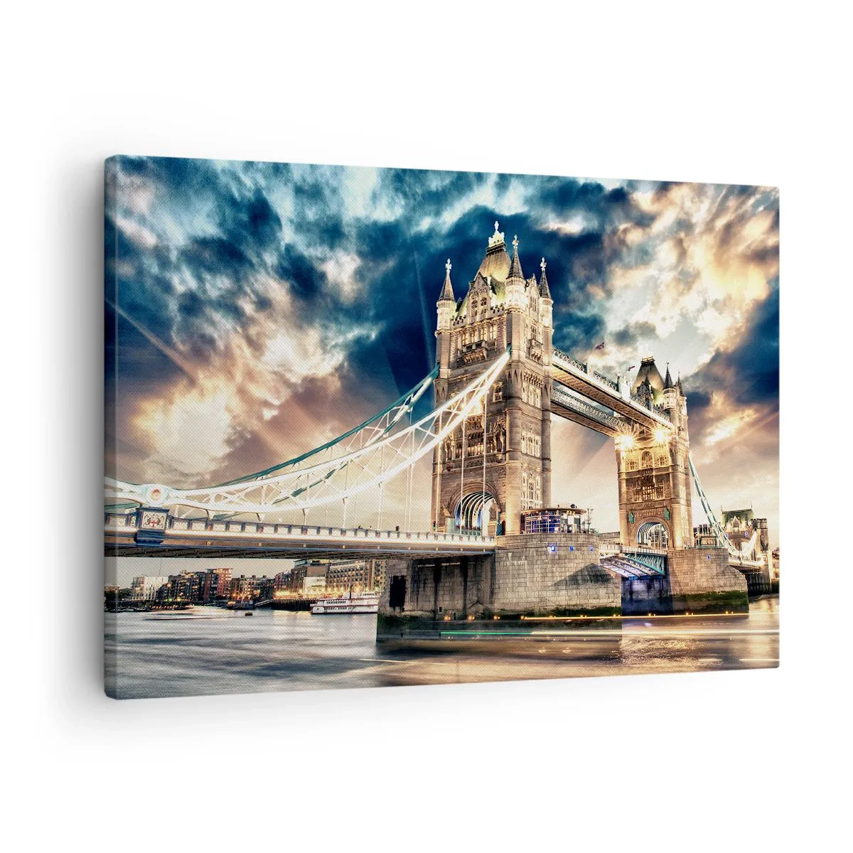Obraz na plátne - Tower Bridge za súmraku na pozadí dynamickej oblohy - 70x50cm - Pomník viktoriánskeho impéria - Moderná nástenná dekorácia do obývacej izby a spálne ARTTOR