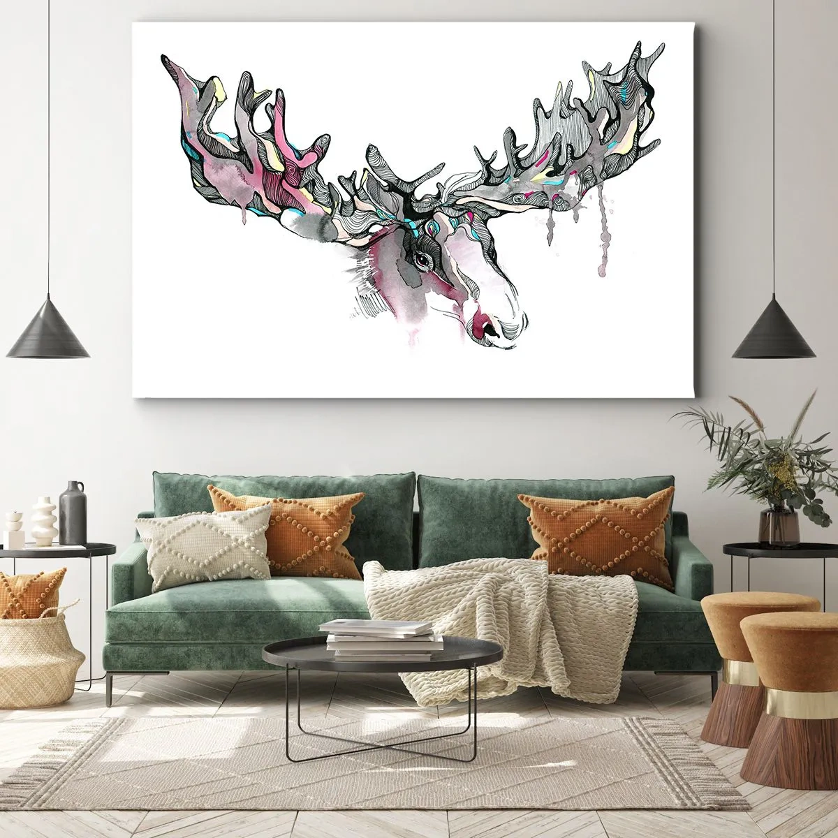 Obraz na plátne - Umelecký akvarel losa s bohatými parohmi - 70x50cm - Koruna lesného kráľa - Moderná nástenná dekorácia do obývacej izby a spálne ARTTOR