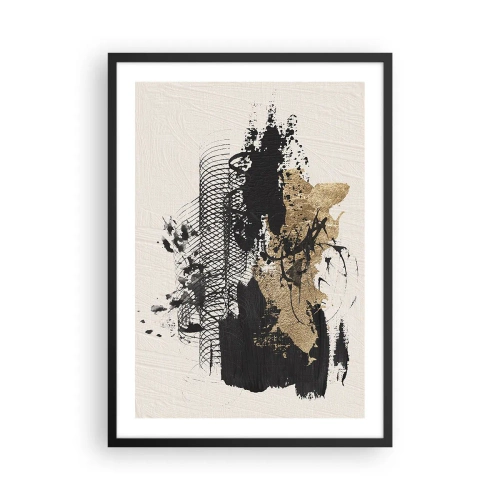 Plagát v čiernom ráme - Abstraktná kompozícia v odtieňoch čiernej a zlatej - 50x70cm - Kompozícia s vášňou - Moderná nástenná dekorácia do obývacej izby a spálne ARTTOR