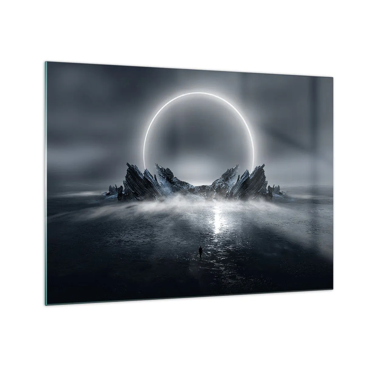 Obraz na skle - Tmavá scéna so zatmením a skalnatým ostrovom - 70x50cm - Finále príbehu - Moderná nástenná dekorácia do obývacej izby a spálne ARTTOR
