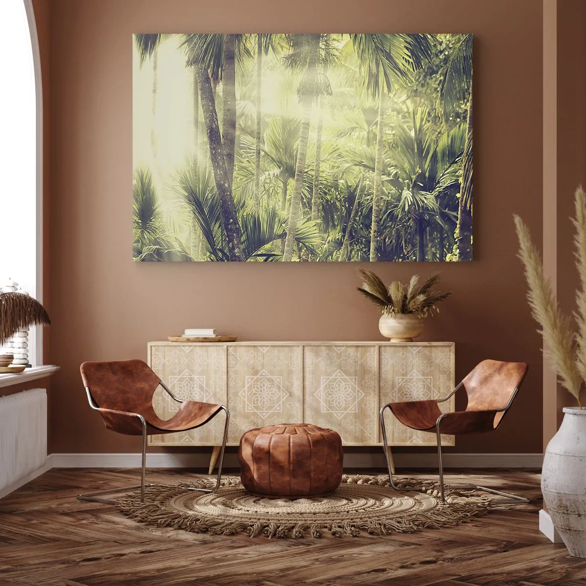 Obraz na plátne - Slnečné lúče v tropickom palmovom lese - 70x50cm - V zelenej žiare - Moderná nástenná dekorácia do obývacej izby a spálne ARTTOR