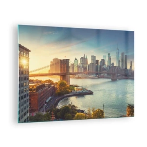 Obraz na skle - Panoráma New Yorku s Brooklynským mostom - 70x50cm - Svitanie veľkomesta - Moderná nástenná dekorácia do obývacej izby a spálne ARTTOR