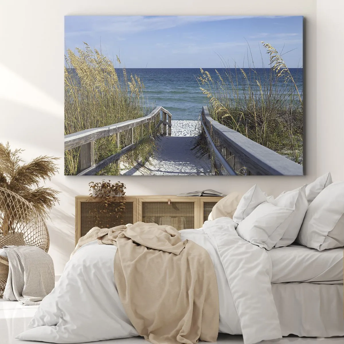Obraz na plátne - Cesta k pláži s výhľadom na more - 70x50cm - Na slnku, vo vetre - Moderná nástenná dekorácia do obývacej izby a spálne ARTTOR