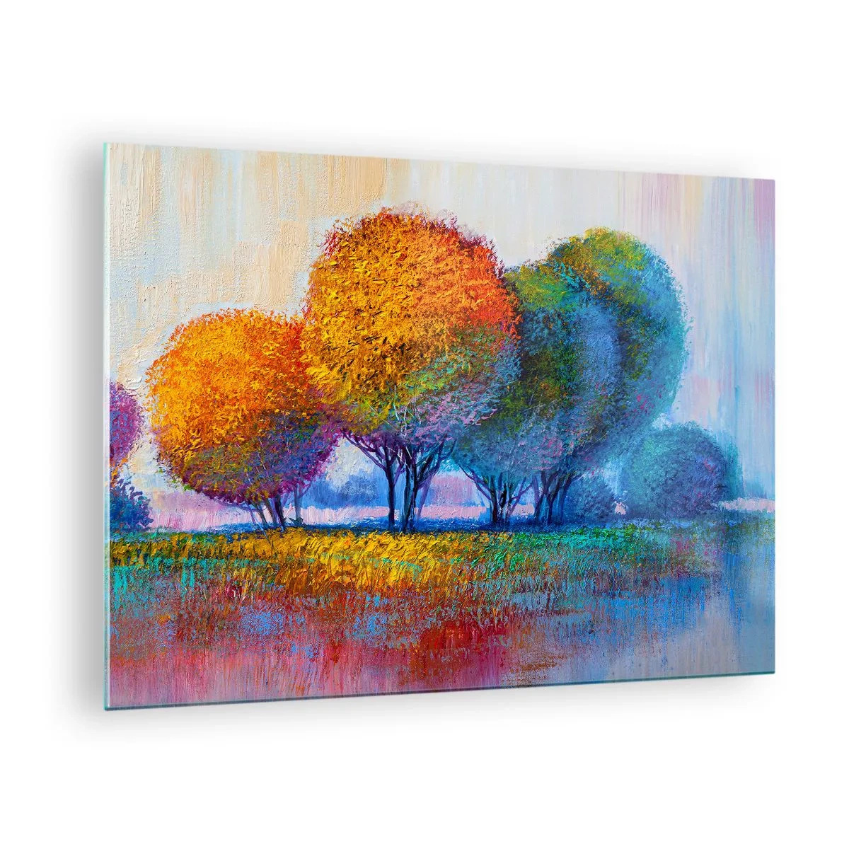 Obraz na skle - Farebné stromy v jesenných farbách proti modrej oblohe - 70x50cm - Trs žiarivých farieb - Moderná nástenná dekorácia do obývacej izby a spálne ARTTOR