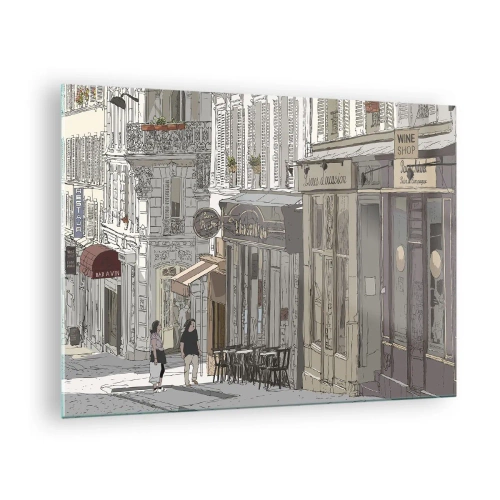 Obraz na skle - Ulica s kaviarňami v umeleckom mestskom štýle - 70x50cm - Mestské radosti - Moderná nástenná dekorácia do obývacej izby a spálne ARTTOR