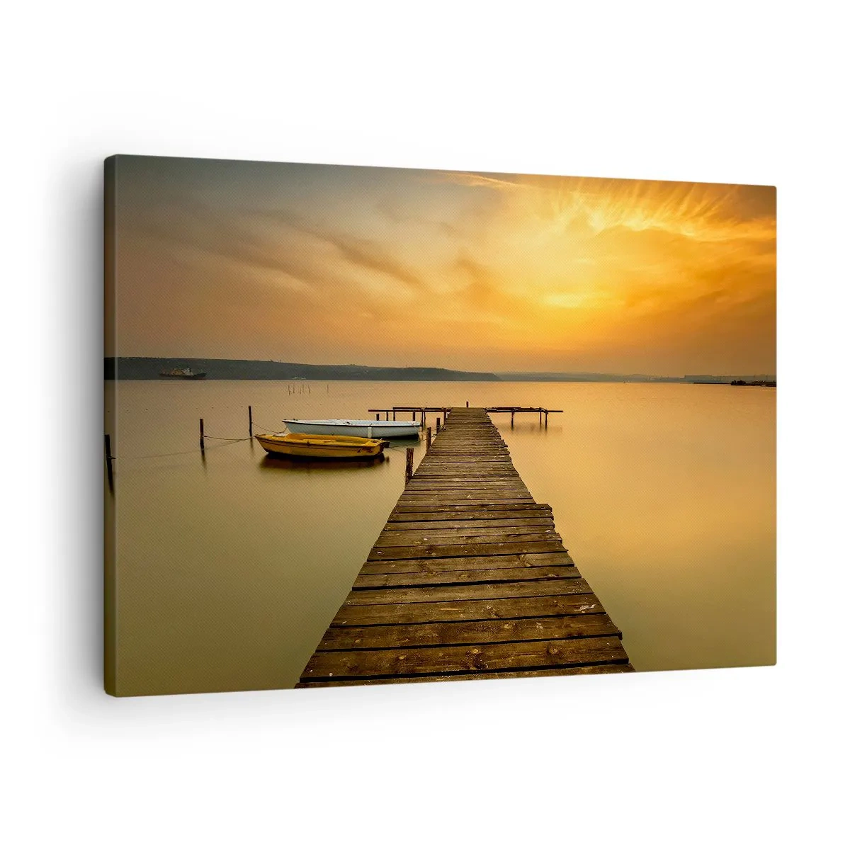 Obraz na plátne - Drevené mólo a lode na jazere pri západe slnka - 70x50cm - Otvorím ti zlaté nebo - Moderná nástenná dekorácia do obývacej izby a spálne ARTTOR