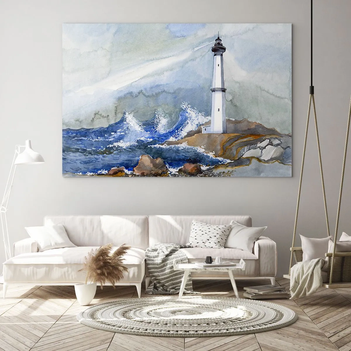 Obraz na skle - Maják pri rozbúrenom mori v akvarelovom štýle - 70x50cm - Proti tme a hromobitiu - Moderná nástenná dekorácia do obývacej izby a spálne ARTTOR