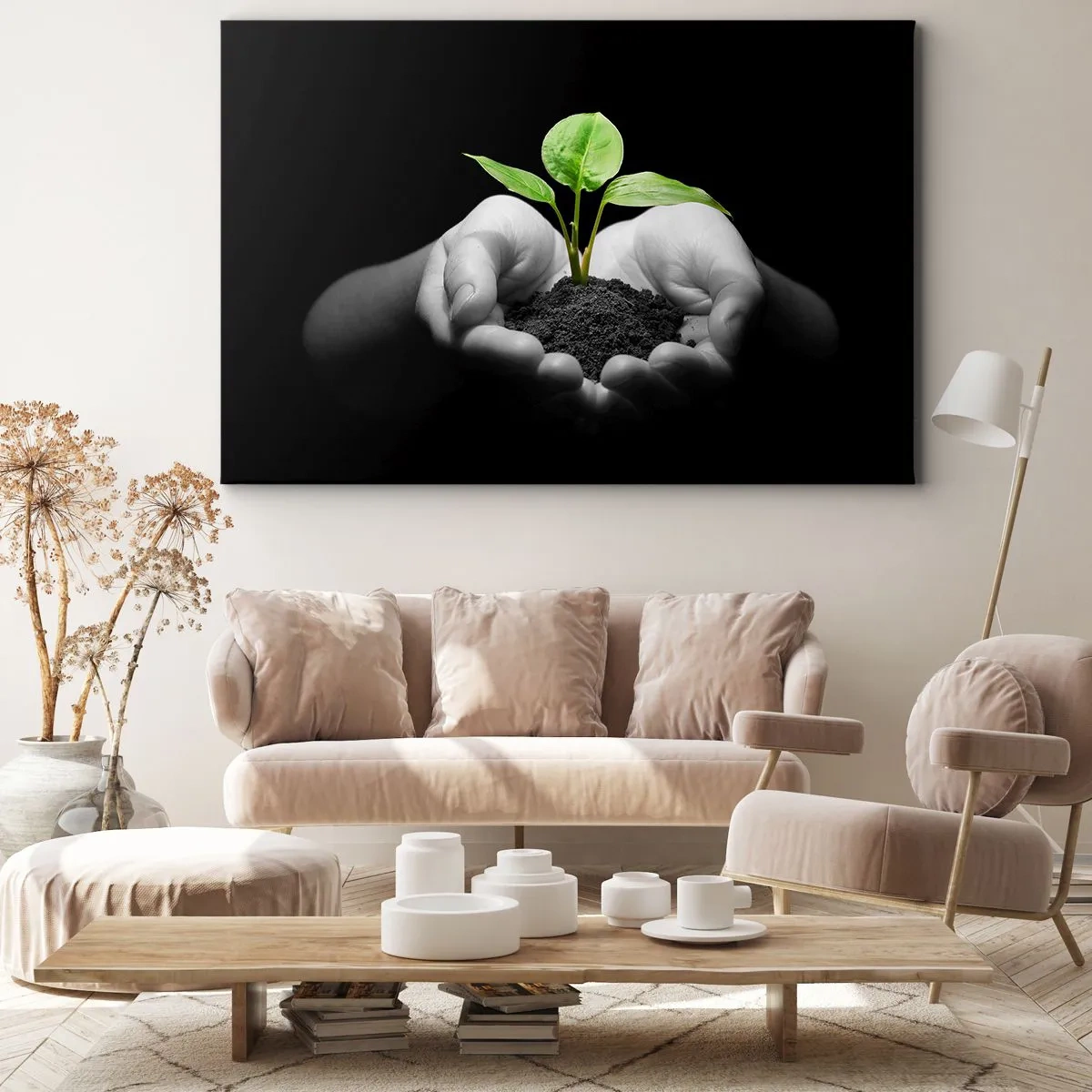Obraz na plátne - Ruky držiace zelenú rastlinu na čiernom pozadí - 70x50cm - Milujem prírodu, chránim ju - Moderná nástenná dekorácia do obývacej izby a spálne ARTTOR