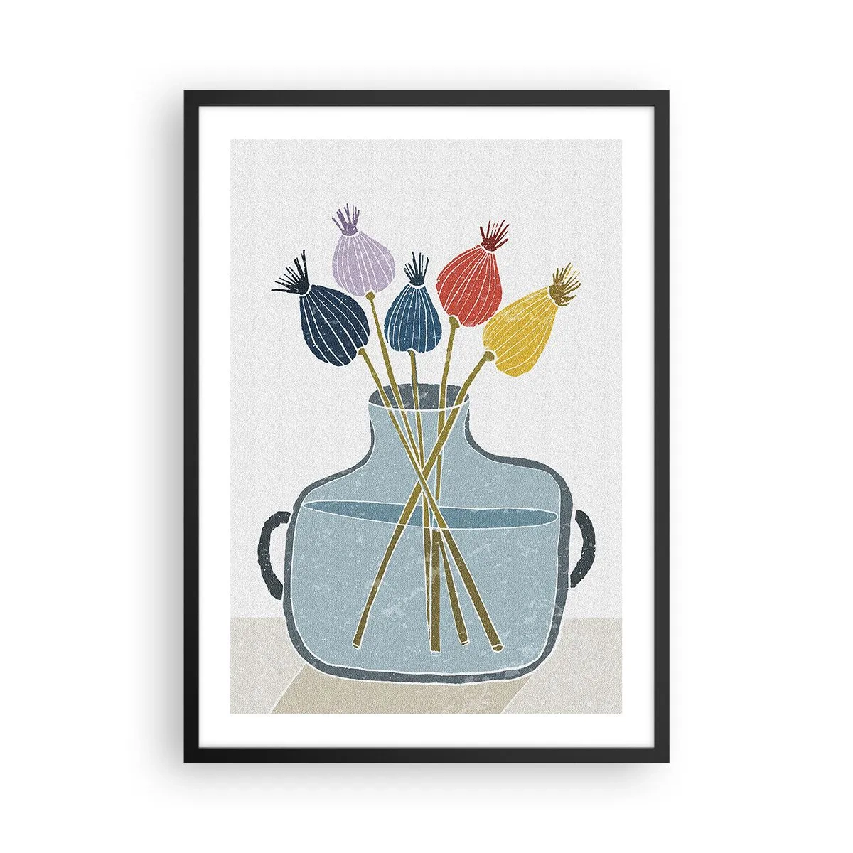 Plagát v čiernom ráme - Minimalistická kompozícia makových hláv v sklenenej váze - 50x70cm - Makové kvety - Moderná nástenná dekorácia do obývacej izby a spálne ARTTOR