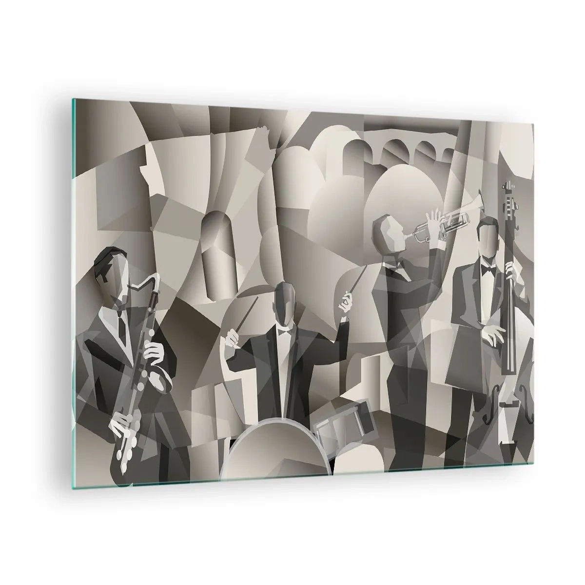 Obraz na skle - Štylizované pódium pre džezovú kapelu v monochromatických tónoch - 70x50cm - V priestore zvukov - Moderná nástenná dekorácia do obývacej izby a spálne ARTTOR