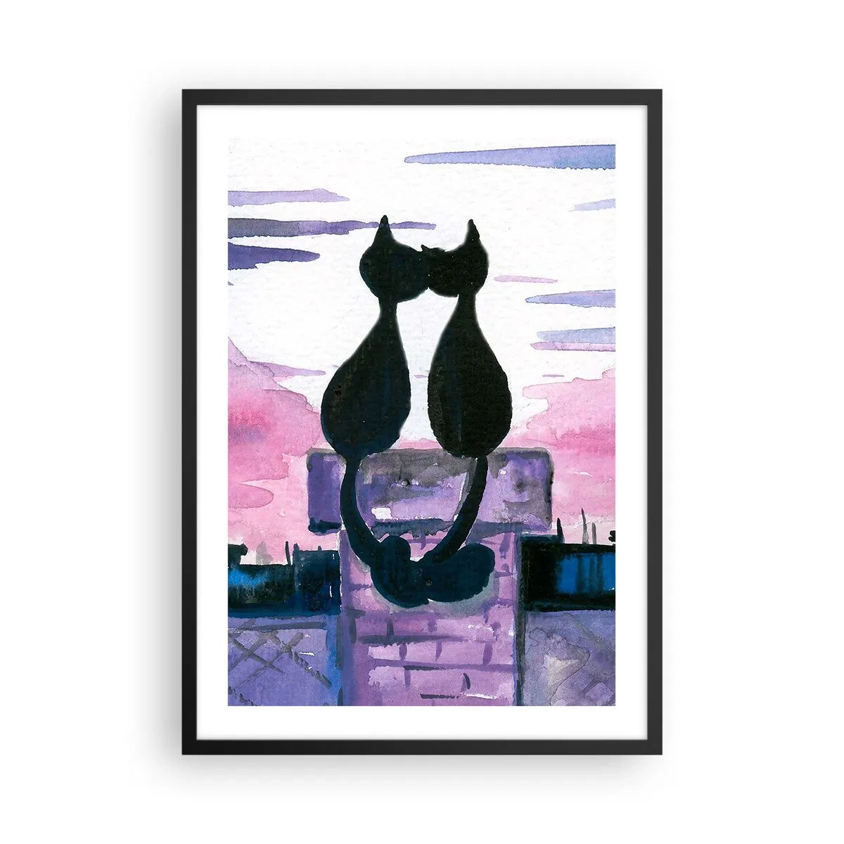 Plagát v čiernom ráme - Dve čierne mačky na pozadí ružovo-fialovej oblohy - 50x70cm - Rendez-vous pod mesiacom - Moderná nástenná dekorácia do obývacej izby a spálne ARTTOR