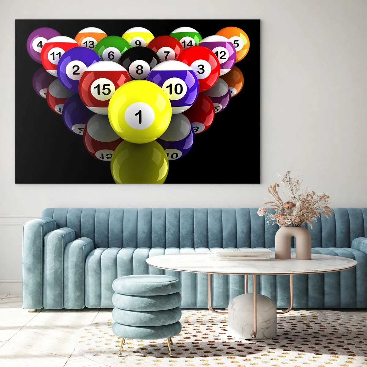 Obraz na skle - Farebné biliardové gule usporiadané na čiernom pozadí - 70x50cm - Rôzne farby hry - Moderná nástenná dekorácia do obývacej izby a spálne ARTTOR