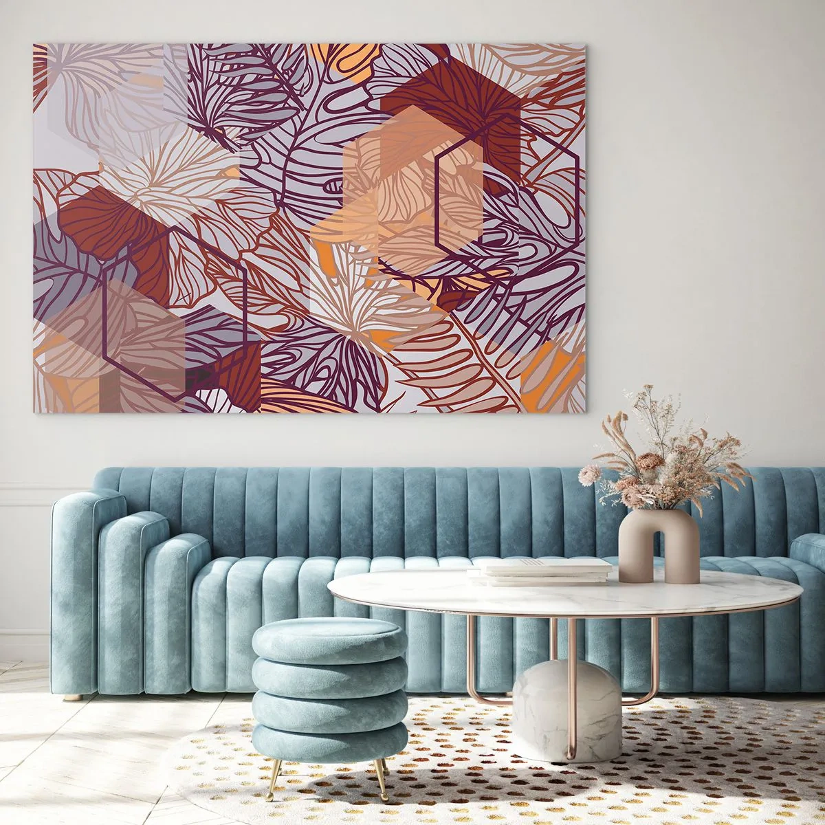Obraz na skle - Grafické listy na pozadí geometrických tvarov - 70x50cm - Nemožný vzťah medzi geometriou a prírodou - Moderná nástenná dekorácia do obývacej izby a spálne ARTTOR