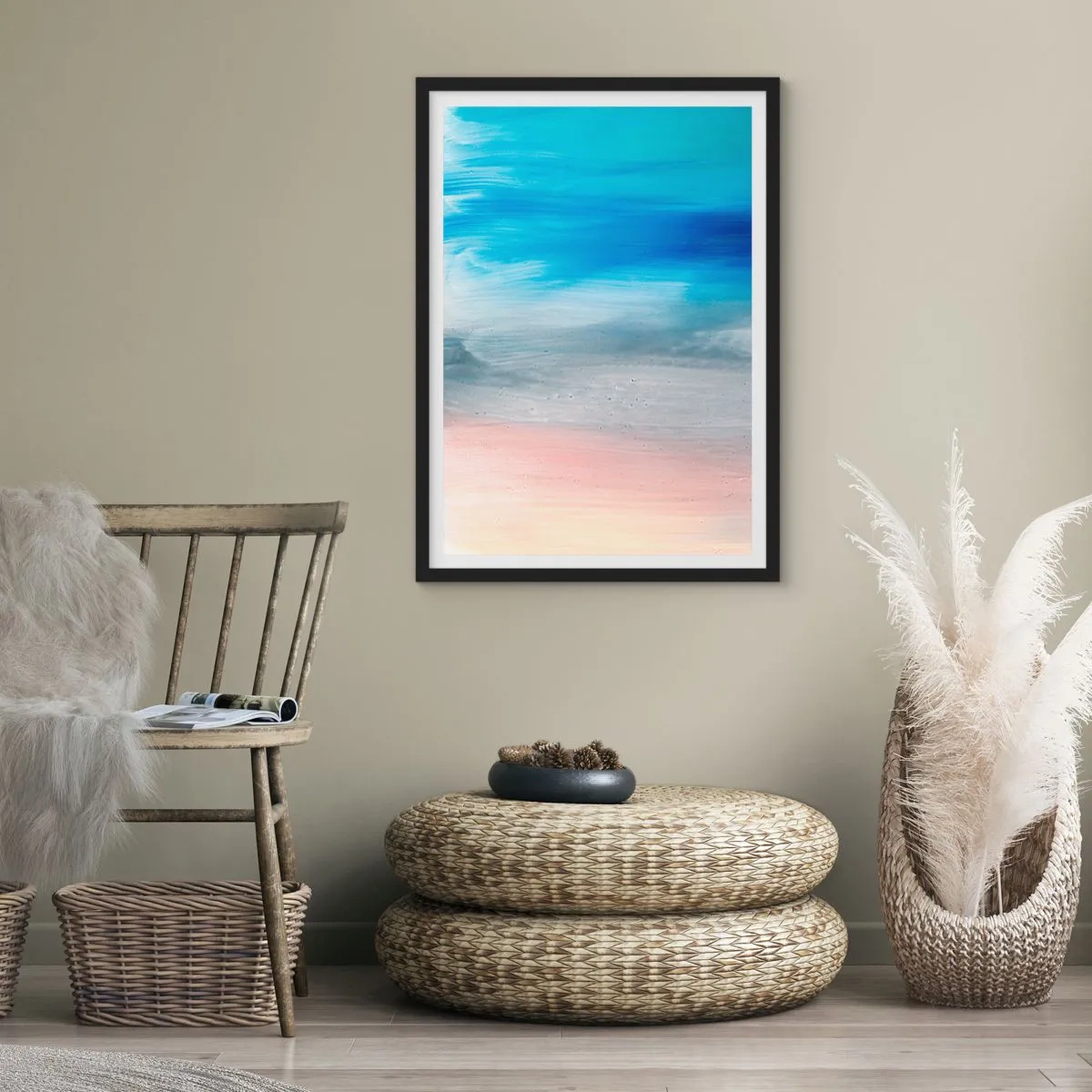Plagát v čiernom ráme - Abstraktná kompozícia v odtieňoch modrej, sivej a béžovej. - 50x70cm - Živly: vzduch - Moderná nástenná dekorácia do obývacej izby a spálne ARTTOR