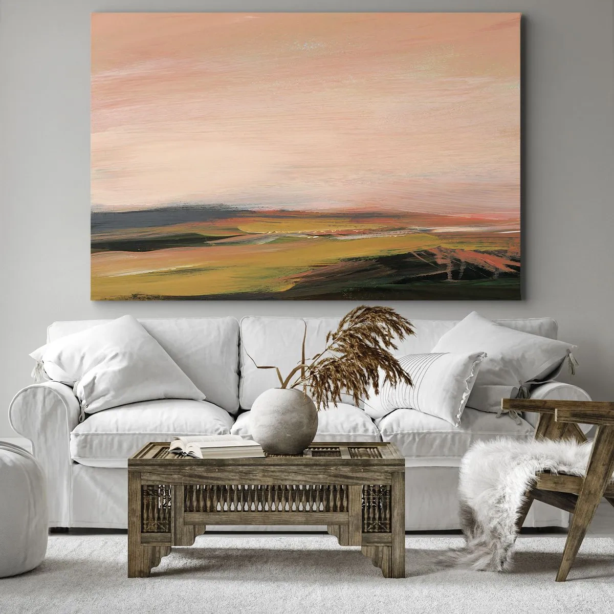 Obraz na plátne - Krajina v odtieňoch ružovej a zlatej - 70x50cm - V ružových tónoch - Moderná nástenná dekorácia do obývacej izby a spálne ARTTOR