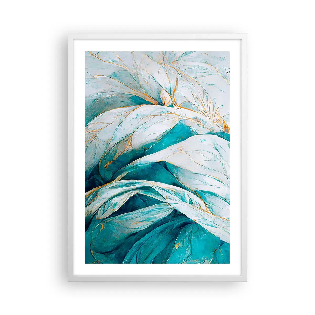 Plagát v bielom ráme - Modrá abstrakcia so zlatým motívom - 50x70 cm