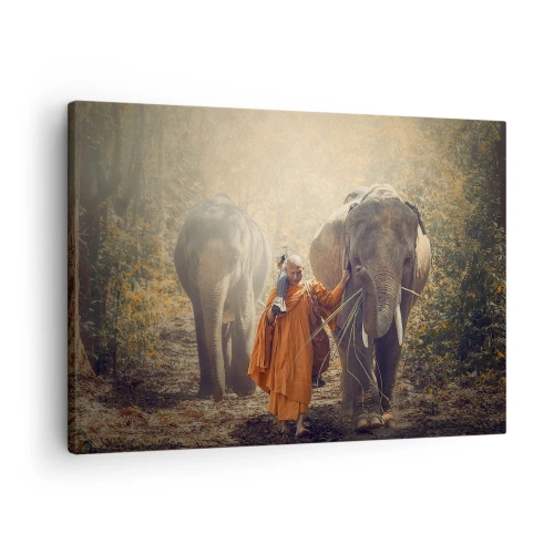 Obraz na plátne - Mních v oranžovom rúchu vedie slona v lese. - 70x50cm - Plné pochopenie - Moderná nástenná dekorácia do obývacej izby a spálne ARTTOR
