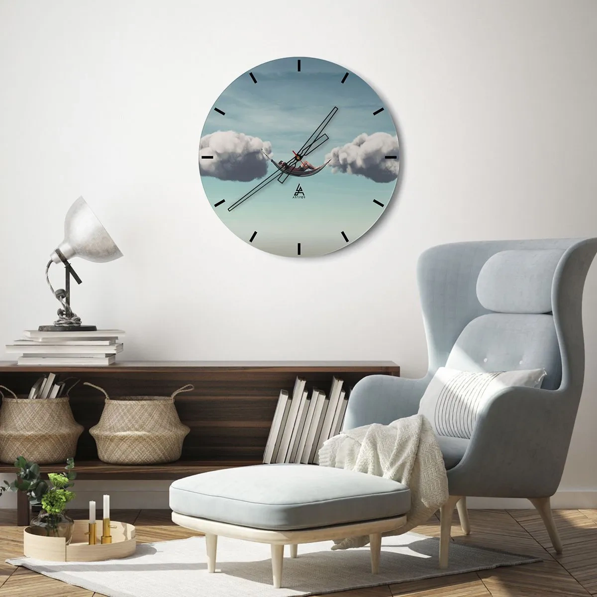Nástenné hodiny - Hojdacia sieť zavesená na oblakoch - 30x30cm - Blaženosť okamihu - Moderná nástenná dekorácia do obývacej izby, kuchyne a spálne ARTTOR