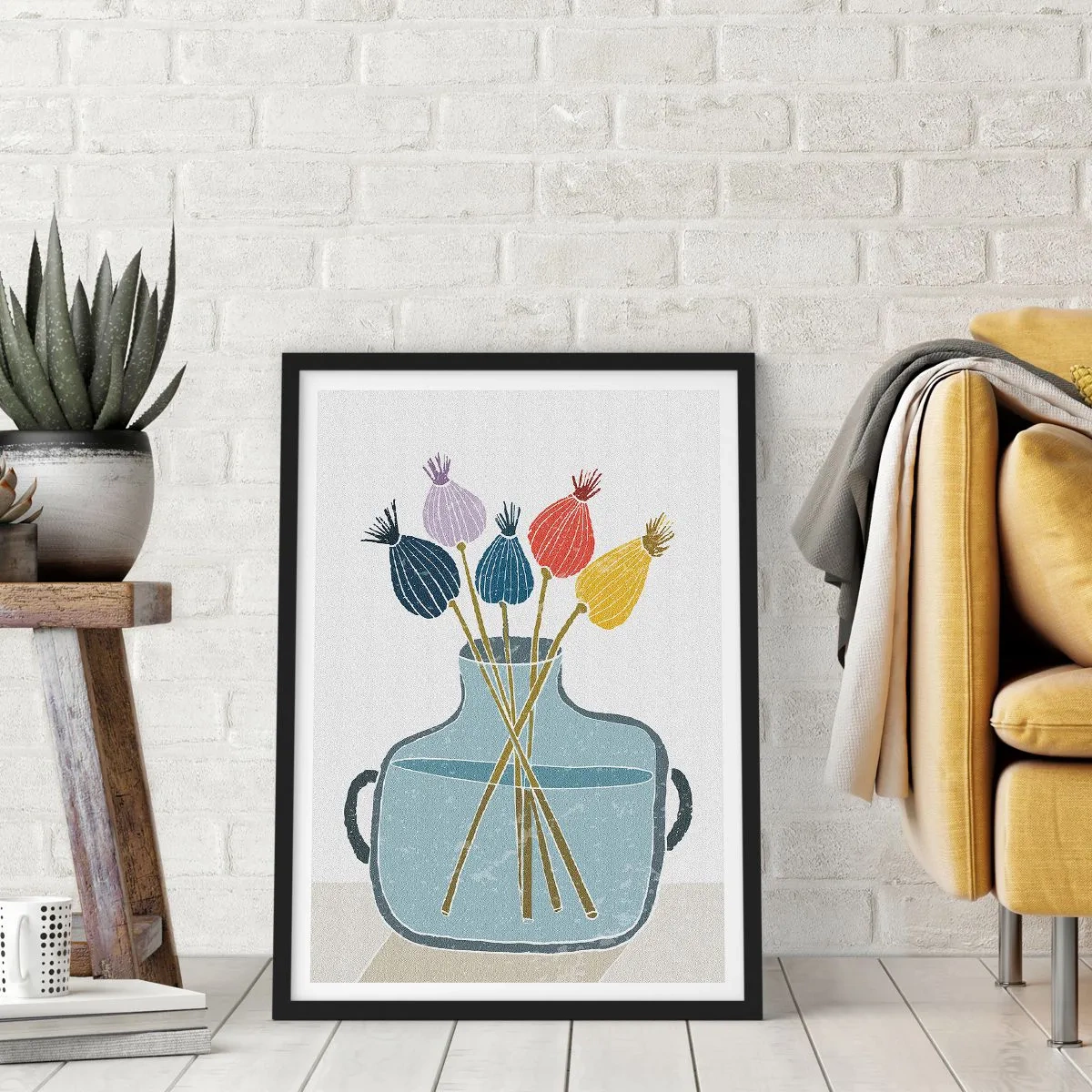 Plagát v čiernom ráme - Minimalistická kompozícia makových hláv v sklenenej váze - 50x70cm - Makové kvety - Moderná nástenná dekorácia do obývacej izby a spálne ARTTOR