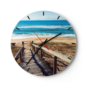 Nástenné hodiny - Drevené mólo vedie k piesočnatej pláži pri modrom oceáne - 30x30cm - Bež! - Moderná nástenná dekorácia do obývacej izby, kuchyne a spálne ARTTOR