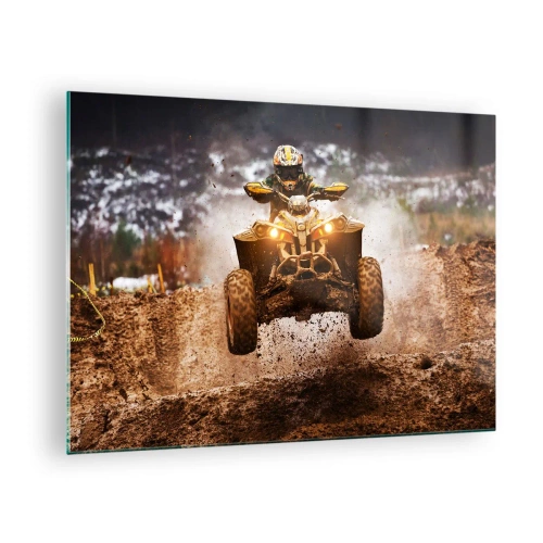 Obraz na skle - Štvorkolka v akcii na blatistom teréne v dynamickom prostredí - 70x50cm - No risk no fun - Moderná nástenná dekorácia do obývacej izby a spálne ARTTOR