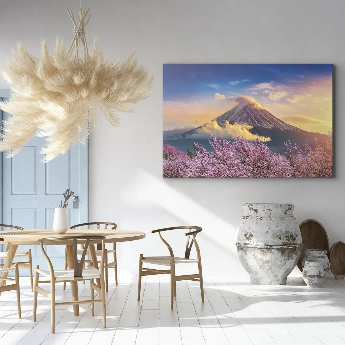 Obraz na plátne - Hora Fudži s čerešňovými kvetmi v pozadí pri západe slnka - 70x50cm - Japonská sviatosť - Moderná nástenná dekorácia do obývacej izby a spálne ARTTOR