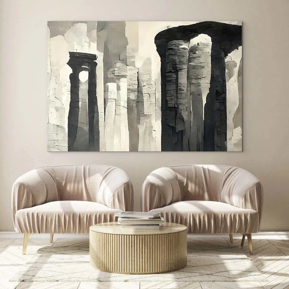 Obraz na skle - Kamenné stĺpy v antickom štýle v neutrálnej farebnej palete - 70x50cm - Majestátnosť starožitnosti - Moderná nástenná dekorácia do obývacej izby a spálne ARTTOR