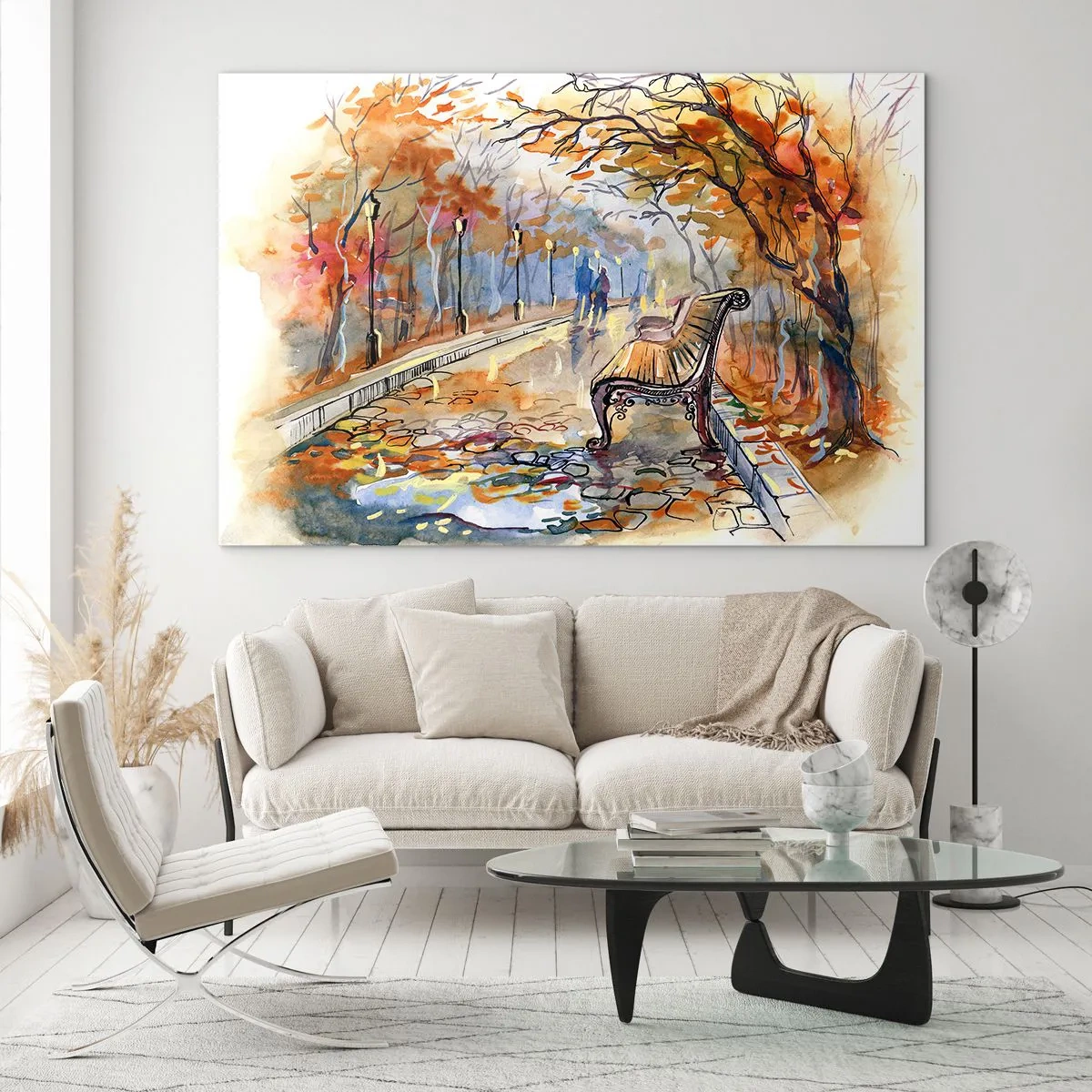 Obraz na skle - Jesenná ulička s lavičkou v umeleckom akvarelovom štýle - 70x50cm - Spoločne putovať jeseňou - Moderná nástenná dekorácia do obývacej izby a spálne ARTTOR