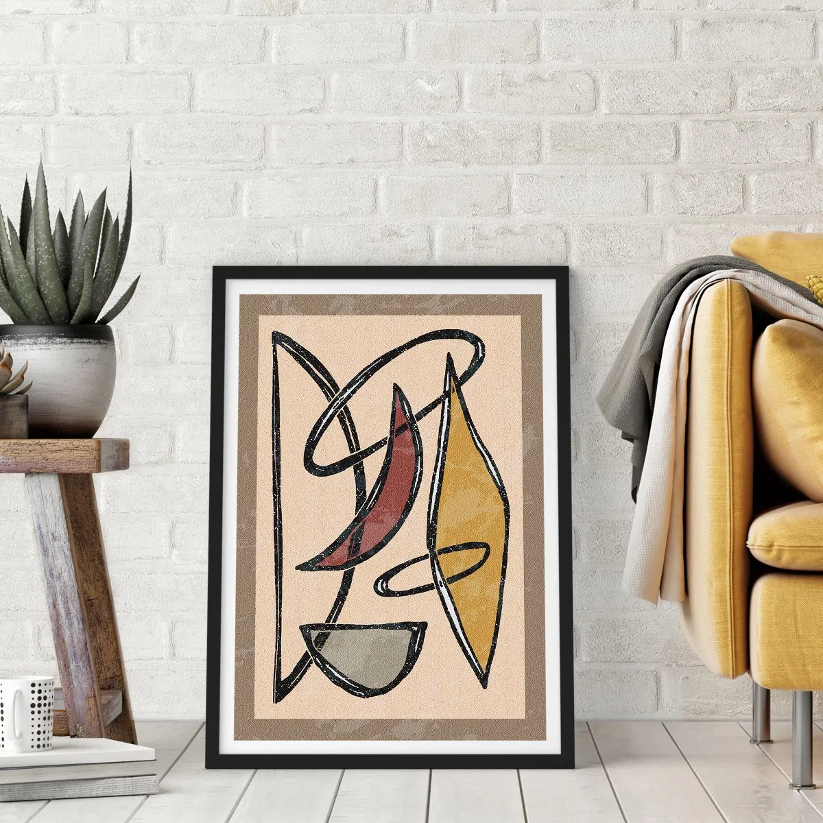 Plagát v čiernom ráme - Abstraktná geometrická kompozícia v odtieňoch béžovej a čiernej - 50x70cm - Kompozícia – oblúky a ovály - Moderná nástenná dekorácia do obývacej izby a spálne ARTTOR