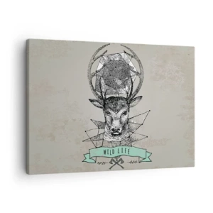 Obraz na plátne - Geometria jeleňa vo vintage štýle s nápisom Wild Life - 70x50cm - Videnie sv. Huberta - Moderná nástenná dekorácia do obývacej izby a spálne ARTTOR