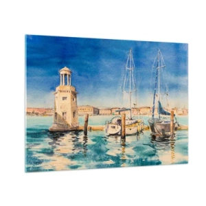 Obraz na skle - Akvarelová prístavná štvrť s majákom a zakotvenými jachtami - 70x50cm - Slnečná lagúna - Moderná nástenná dekorácia do obývacej izby a spálne ARTTOR