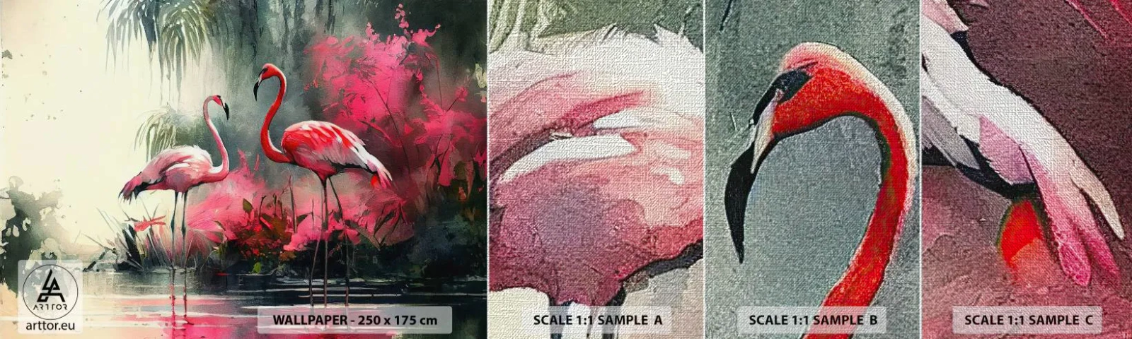 Vzorka fototapety Premium Canvas - Hodiny prírodného kúzla - Plameniaky, Kus, Krajina - 100x30 cm