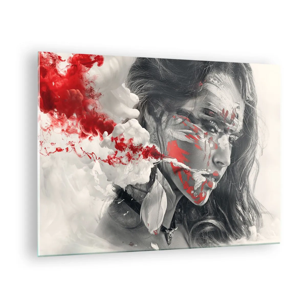 Obraz na skle - Portrét ženy s abstraktnými červenými a bielymi vzormi - 70x50cm - V škárach absurdity - Moderná nástenná dekorácia do obývacej izby a spálne ARTTOR