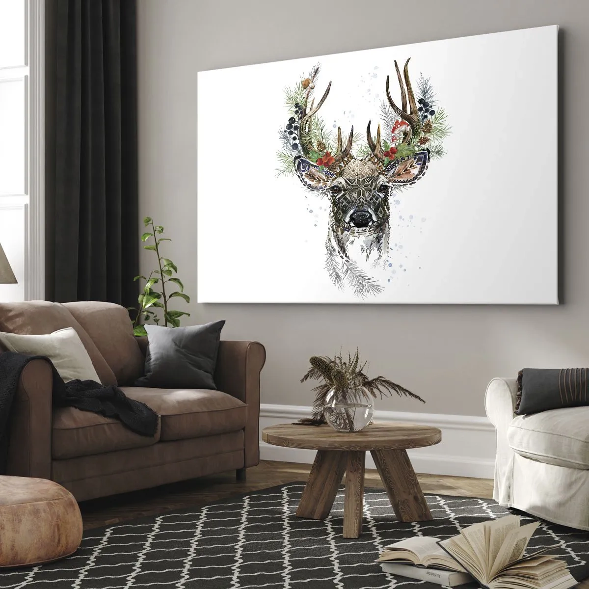 Obraz na plátne - Štylizovaný jeleň s ozdobnými parohmi na bielom pozadí - 70x50cm - V slávnostnom rúchu - Moderná nástenná dekorácia do obývacej izby a spálne ARTTOR
