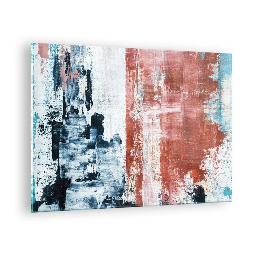 Obraz na skle - Abstraktná kombinácia modrej a hrdzavočervenej - 70x50cm - Abstraktné pol na pol - Moderná nástenná dekorácia do obývacej izby a spálne ARTTOR