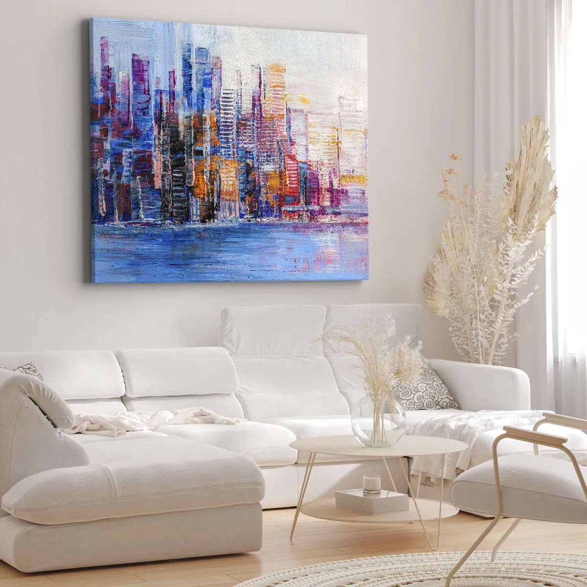 Obraz na plátne - Farebná panoráma mesta s odrazmi na vode - 70x50cm - Radostná metropola - Moderná nástenná dekorácia do obývacej izby a spálne ARTTOR
