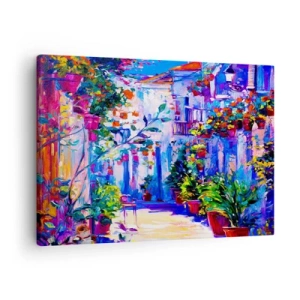 Obraz na plátne - Farebná ulica plná kvetov - 70x50cm - Impresia - talianska ulička - Moderná nástenná dekorácia do obývacej izby a spálne ARTTOR