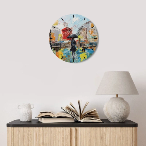 Nástenné hodiny - Farebná mestská scéna so ženou a veterným mlynom - 30x30cm - Parížske legendy - Moderná nástenná dekorácia do obývacej izby, kuchyne a spálne ARTTOR