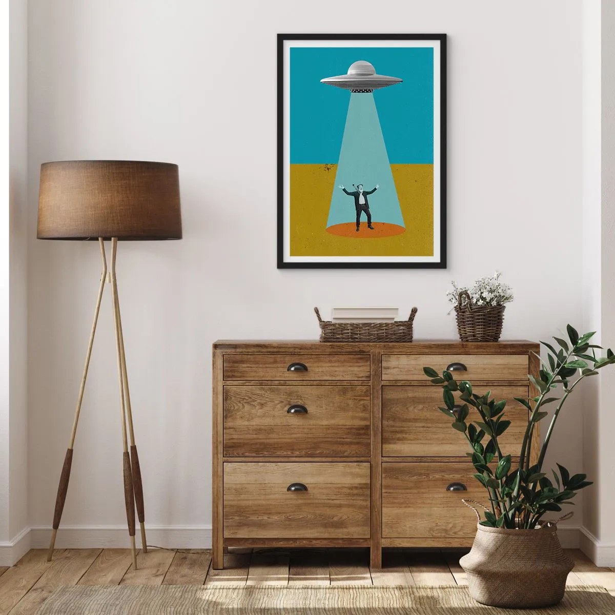 Plagát v čiernom ráme - Retro ilustrácia únosu UFO - 50x70cm - Blízke stretnutie - Moderná nástenná dekorácia do obývacej izby a spálne ARTTOR