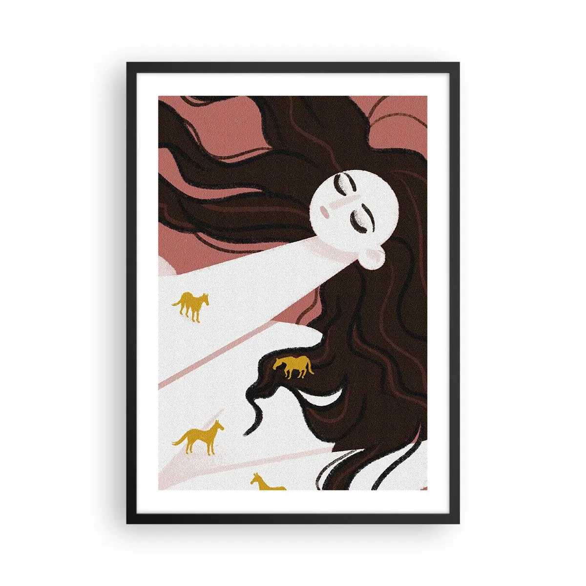 Plagát v čiernom ráme - Zasnená žena s dlhými vlasmi a zlatými koňmi - 50x70cm - Sen o zlatom koni - Moderná nástenná dekorácia do obývacej izby a spálne ARTTOR