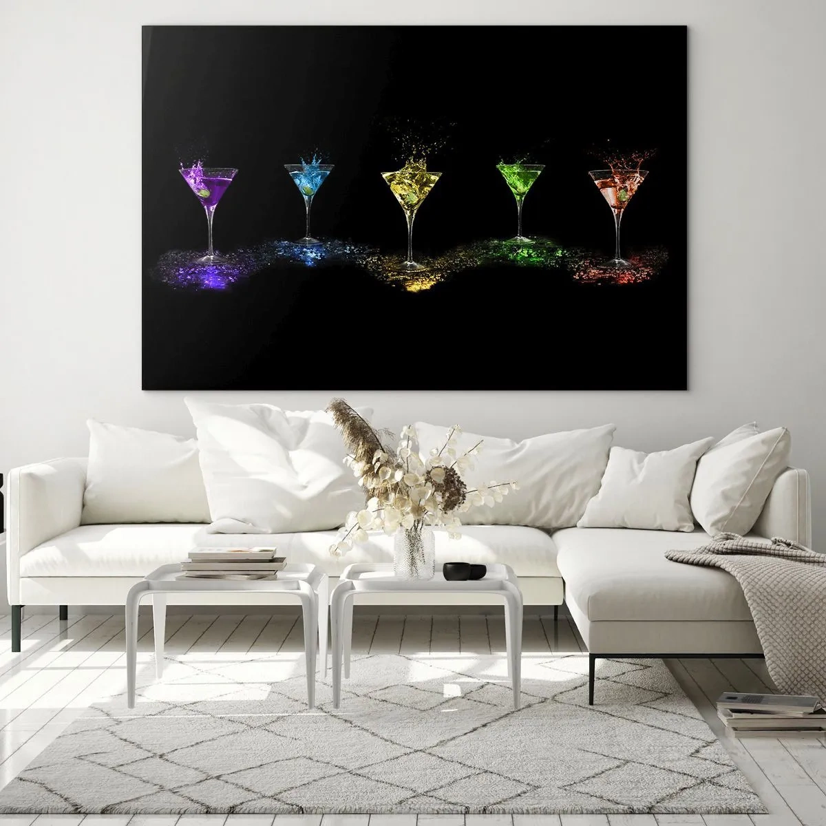 Obraz na skle - Farebné nápoje v pohároch na čiernom pozadí - 70x50cm - Farby radosti v krištáľovom skle - Moderná nástenná dekorácia do obývacej izby a spálne ARTTOR