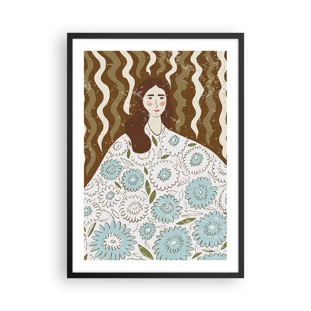 Plagát v čiernom ráme - Štylizovaný portrét ženy v kvetinových šatách na pozadí vlnitých vzorov. - 50x70cm - Portrét v kvetinovom rúchu - Moderná nástenná dekorácia do obývacej izby a spálne ARTTOR