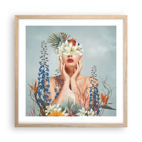 Plagát v ráme zo svetlého duba - Žena – kvetina - 50x50 cm