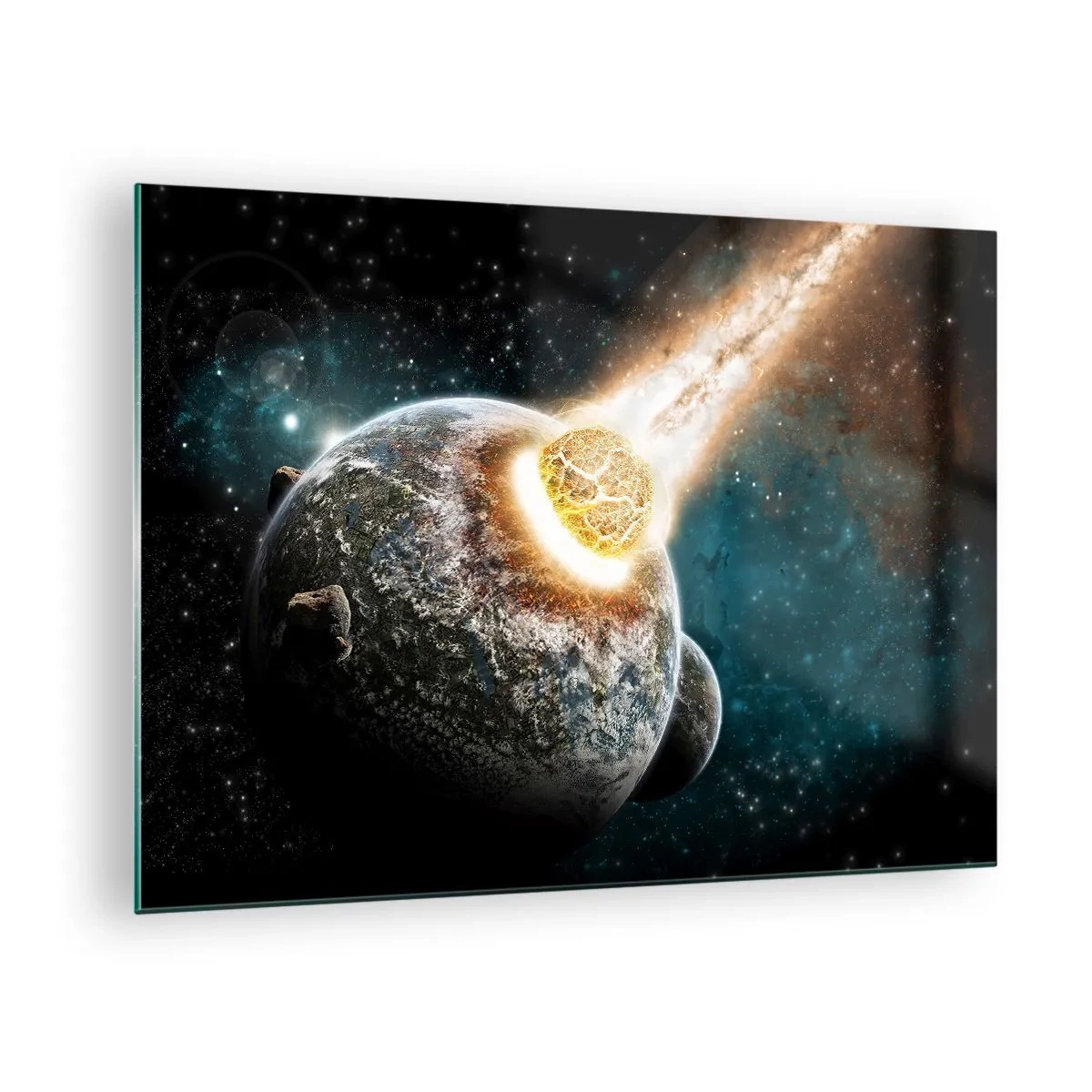 Obraz na skle - Zrážka planéty s meteoritom - 70x50cm - Skaza alebo narodenie? - Moderná nástenná dekorácia do obývacej izby a spálne ARTTOR