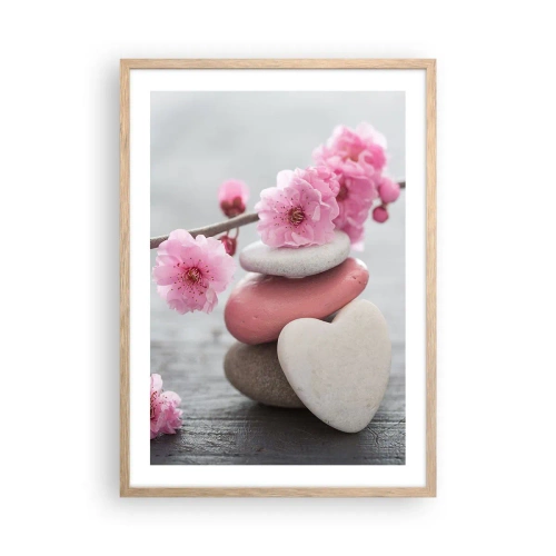 Plagát v ráme zo svetlého duba - Blaženosť s višňovým kvetom - 50x70 cm