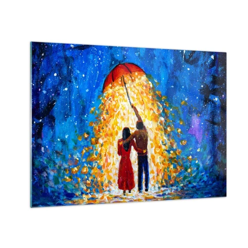 Obraz na skle - Pár pod dáždnikom obklopený zlatým svetlom na pozadí nočnej oblohy - 70x50cm - Mágia daždivého večera? - Moderná nástenná dekorácia do obývacej izby a spálne ARTTOR
