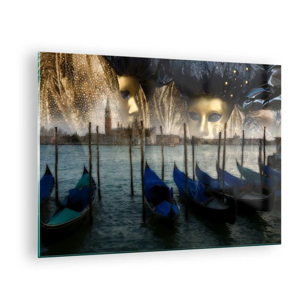 Obraz na skle - Benátky s gondolami a karnevalovými maskami - 70x50cm - Je čas začať karneval - Moderná nástenná dekorácia do obývacej izby a spálne ARTTOR