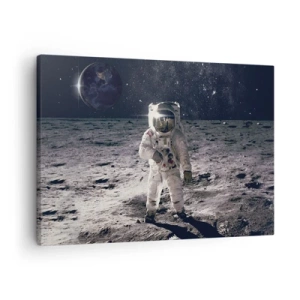Obraz na plátne - Astronaut na povrchu Mesiaca so Zemou v pozadí - 70x50cm - Pozdrav z Mesiaca - Moderná nástenná dekorácia do obývacej izby a spálne ARTTOR