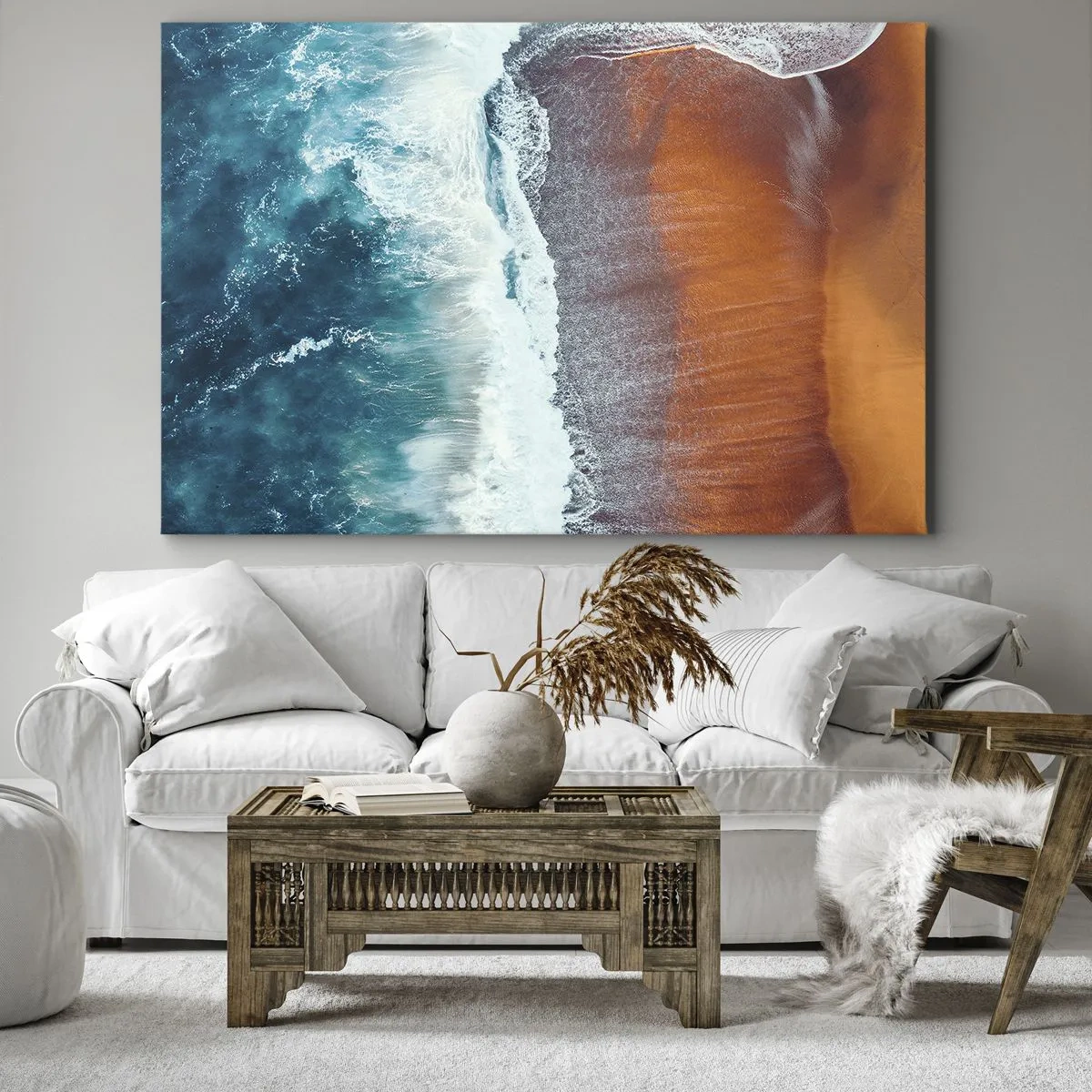 Obraz na plátne - Pohľad na oceánske vlny rozbíjajúce sa o zlatú pláž - 70x50cm - Dotyk oceánu - Moderná nástenná dekorácia do obývacej izby a spálne ARTTOR